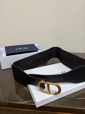 Dior Black Leather Belt with Gold CD Buckle